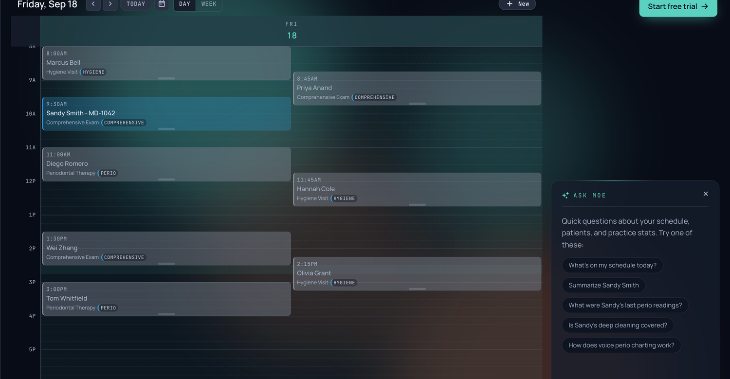 The day's schedule in Mesio, with appointments and patient names