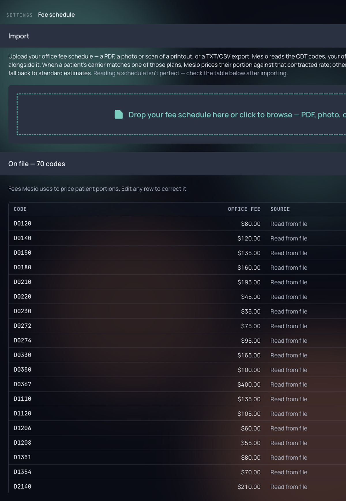 The fee schedule screen, listing procedures and fees