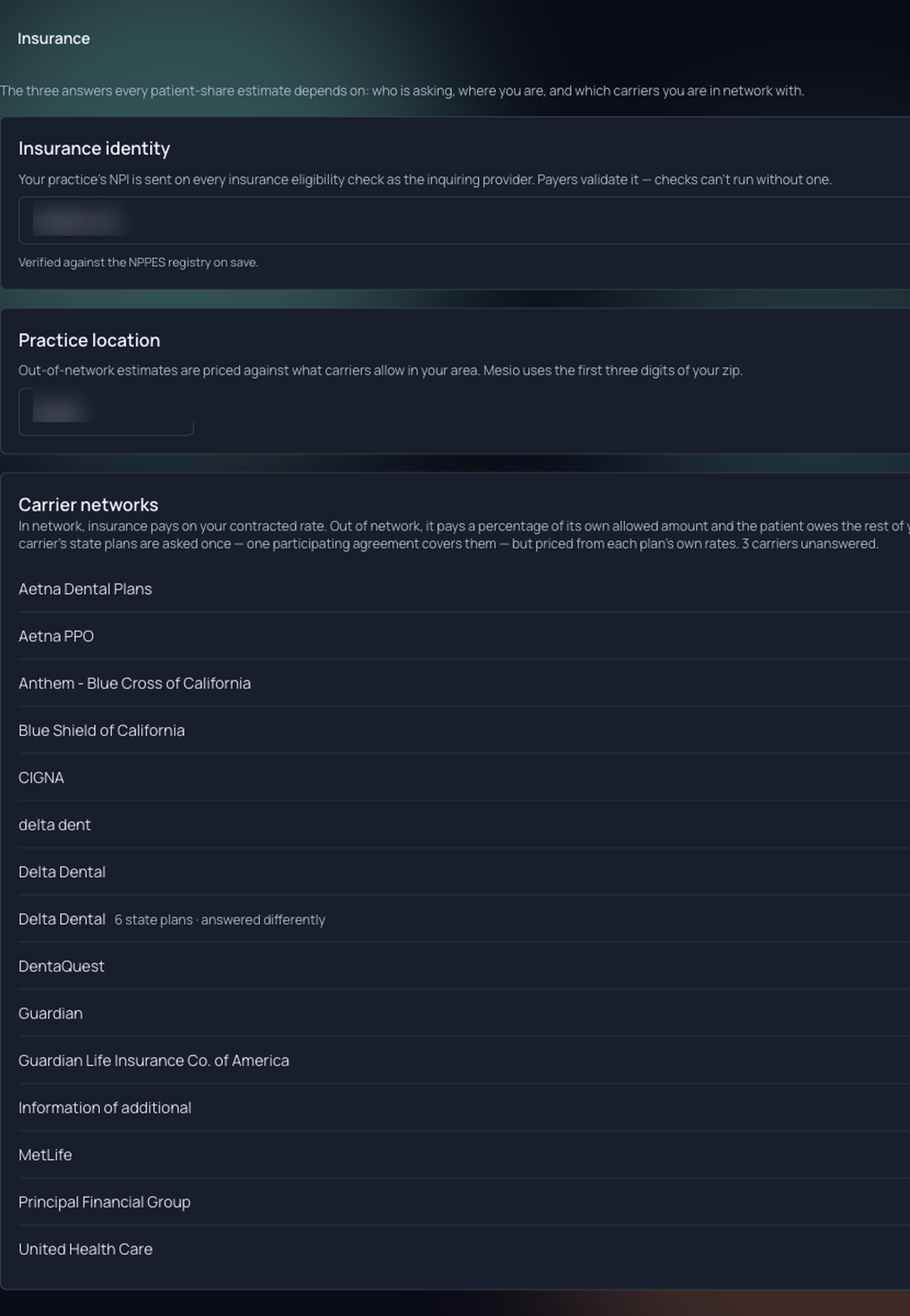 Insurance settings: NPI, practice zip, and the carrier network checklist