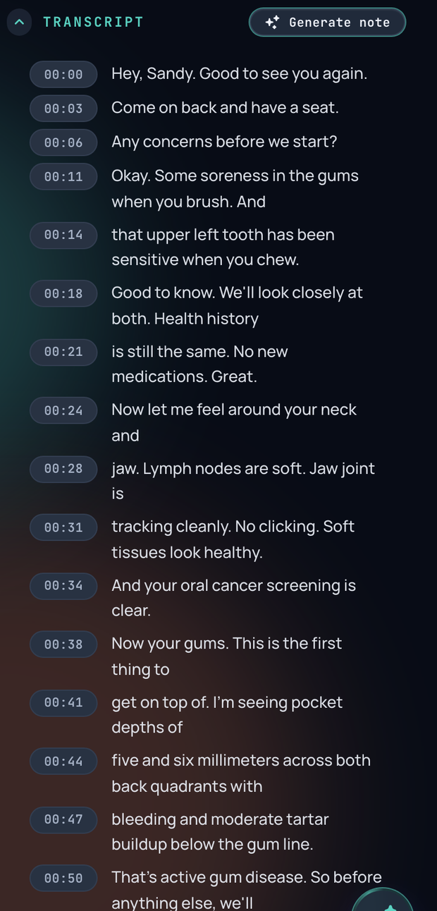 A live transcript with timestamps building as the visit is recorded