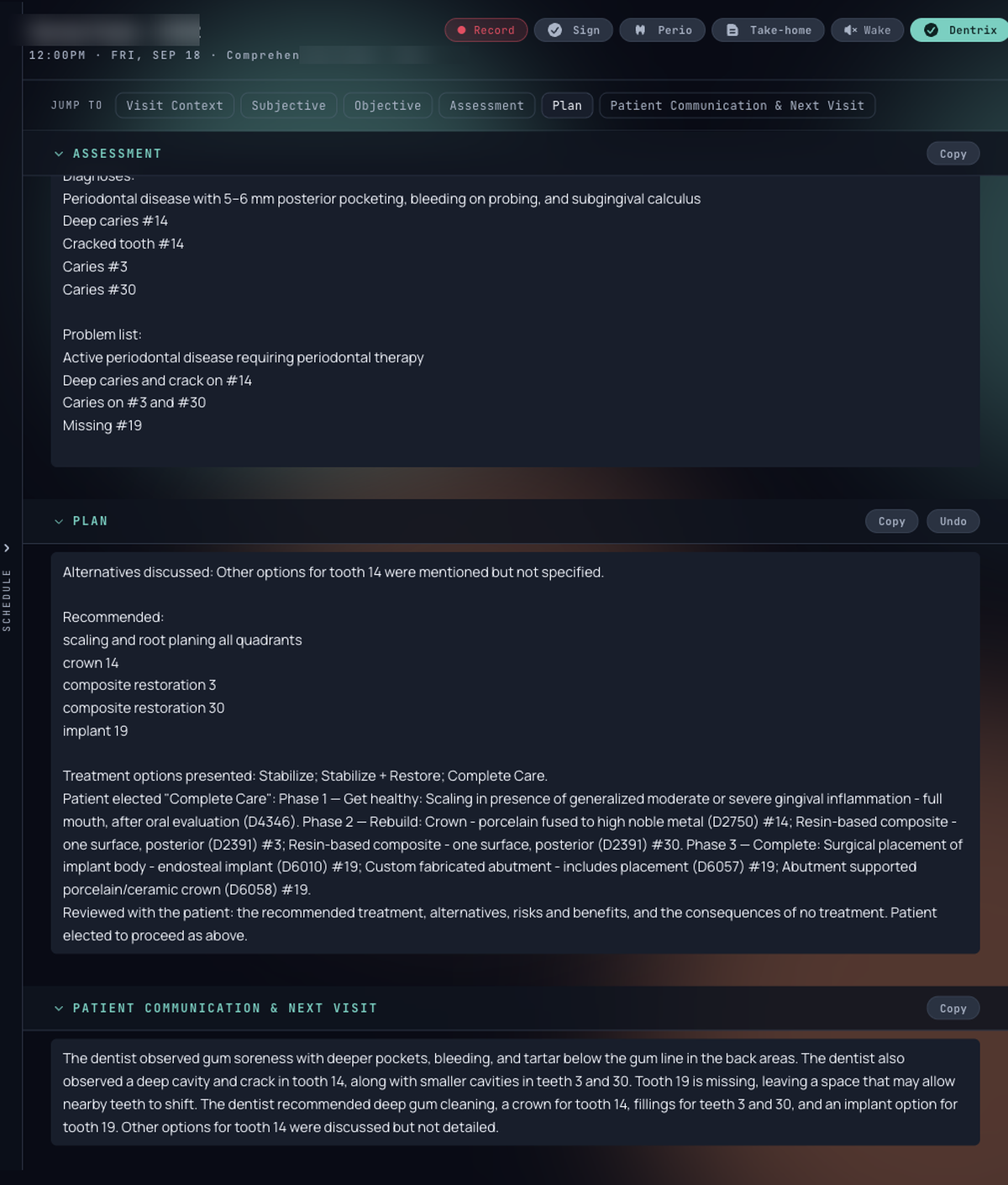 A generated clinical note showing assessment and plan sections