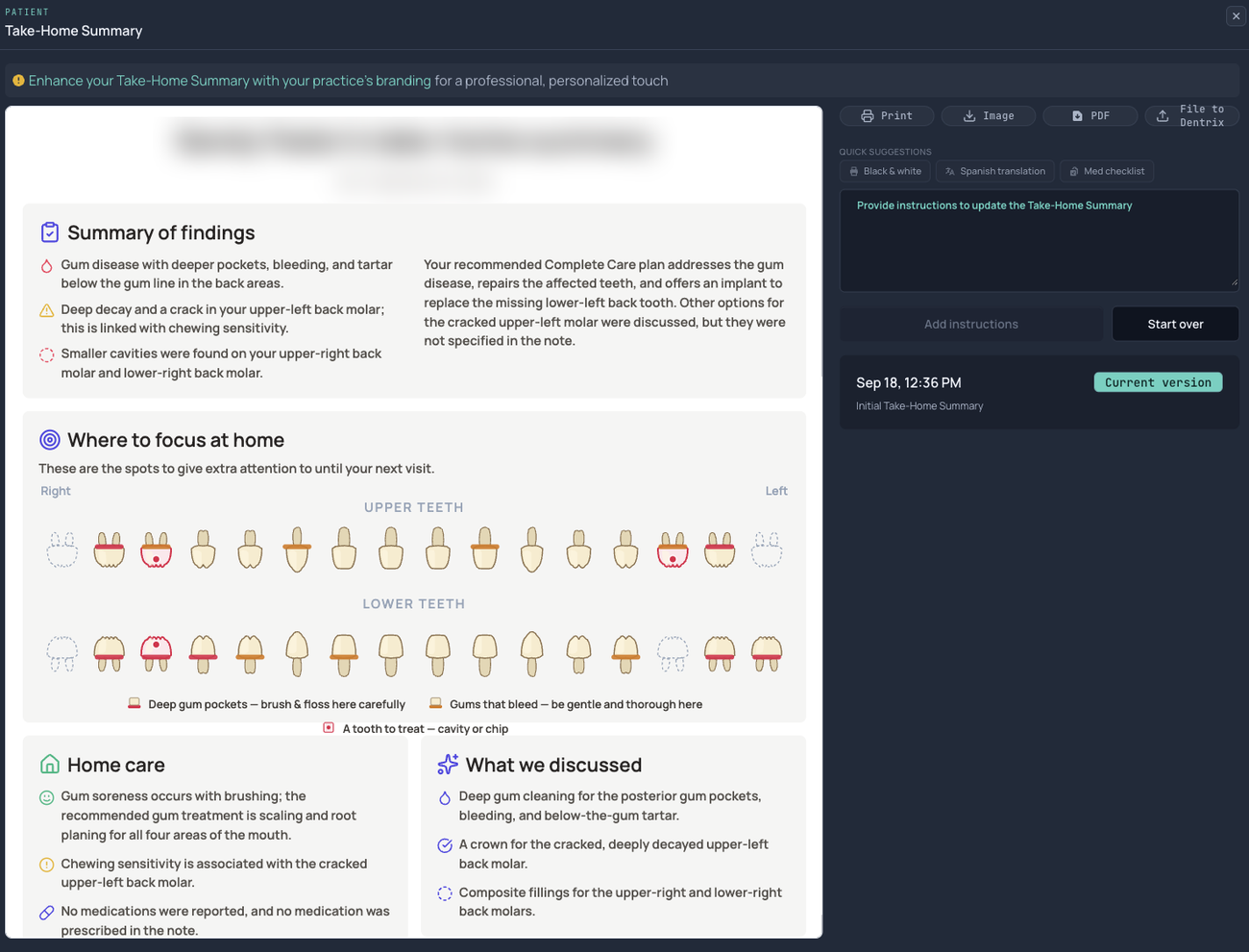A patient take-home summary with findings, a tooth map and home care advice